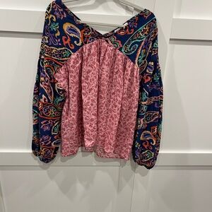 BUCKETLIST Pink and Blue Asymmetrical Puff Sleeve Blouse